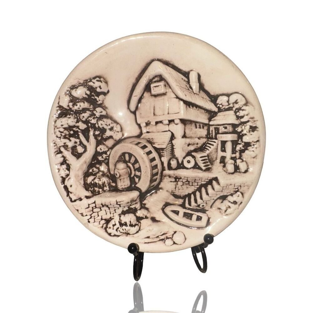 Vintage 3D Chalkware Wall Hanging Plate Watermill Scene Mid-Century Style- 80’s